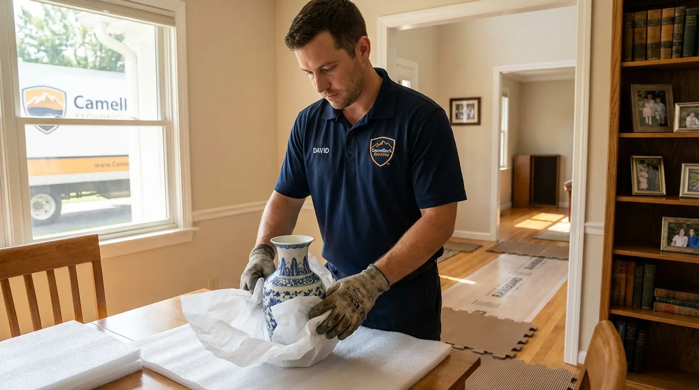 Professional crew carefully wrapping antique vase for senior downsizing move in Kaunakakai, HI